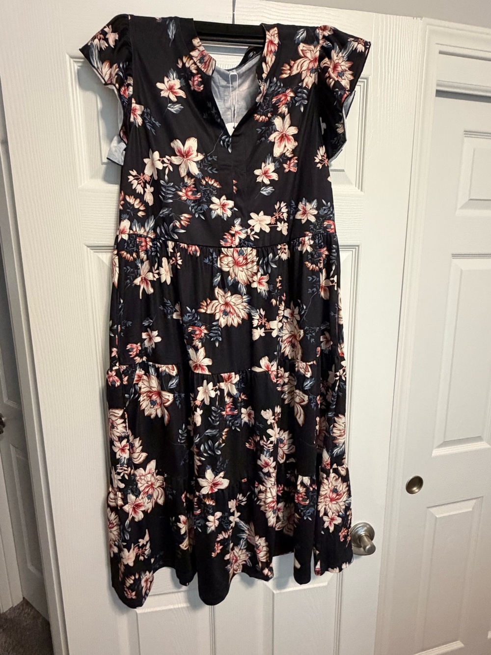 Floral Tiered Midi Dress in Black and Cream